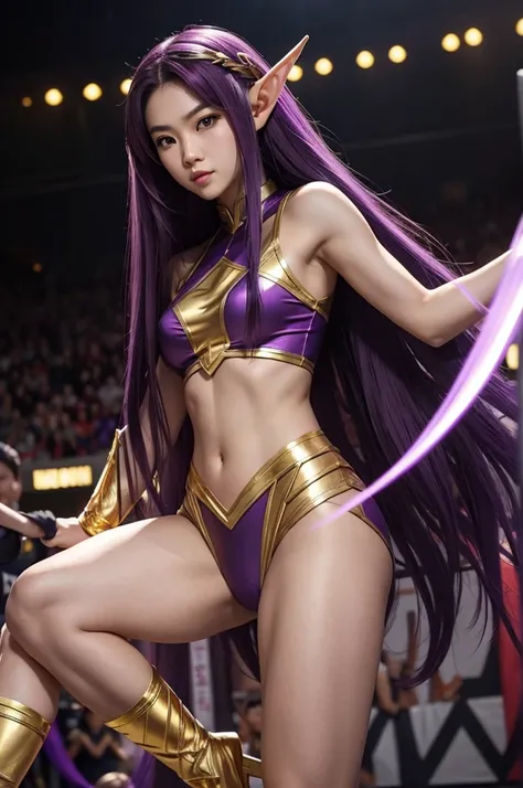 Long Purple hair, Vietnamese, beautiful 23 year old woman, very attractive, brown eyes, elf ears, very cute, thin athletic body, wearing gold superhero costume in wrestling ring, heroic pose, photoshoot