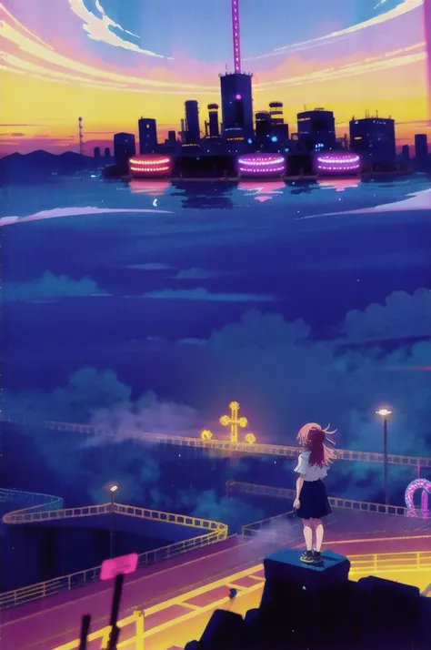 1girl, (Sketch:1.2),  anime key visual,  landscape of a Otherworldly Brutal Amusement park  and Megalopolis, Clear skies, Horror, F/8, Velvia