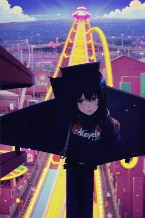 1girl, (Sketch:1.2),  anime key visual,  landscape of a Otherworldly Brutal Amusement park  and Megalopolis, Clear skies, Horror, F/8, Velvia