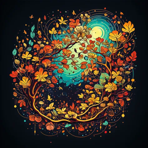 circular tree,four seasons,spring,summer,autumn,winter,leaves,roots,branches,trunk,ornate border,decorative,digital illustration,artwork,movement,time,swirling background,dark background,vibrant colors,natural,life cycle,growth,change,nature,life,peace,har...