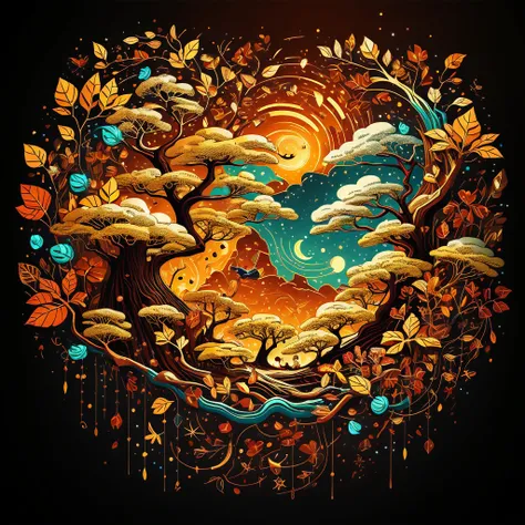 circular tree,four seasons,spring,summer,autumn,winter,leaves,roots,branches,trunk,ornate border,decorative,digital illustration,artwork,movement,time,swirling background,dark background,vibrant colors,natural,life cycle,growth,change,nature,life,peace,har...