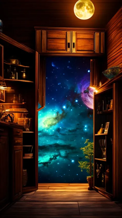 an old cupboard, an open door, night pouring out of it, planets and nebulas lying on the floor