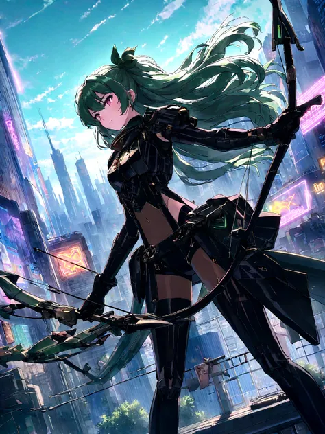 An anime girl with flowing emerald green hair，She&#39;s dressed in sleek black mech gear，In the background of the futuristic cyberpunk city。She was armed with a bow and arrow，A determined expression，Surrounded by neon lights、Cityscape with vivid colors and...