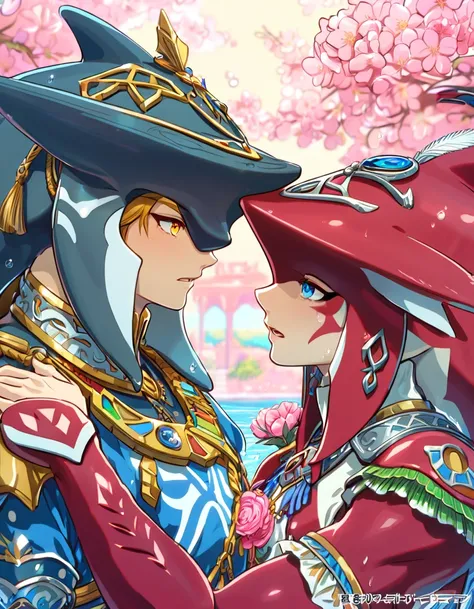 absurdres, highres, ultra detailed, HDR, master piece, best quality, perfect face, delicated features, red Zora, Sidon, expressive yellow eyes, The Legend Of Zelda Breath Of The Wild, Link, expressive blue eyes, blond hair, two sexy men together, blue tuni...