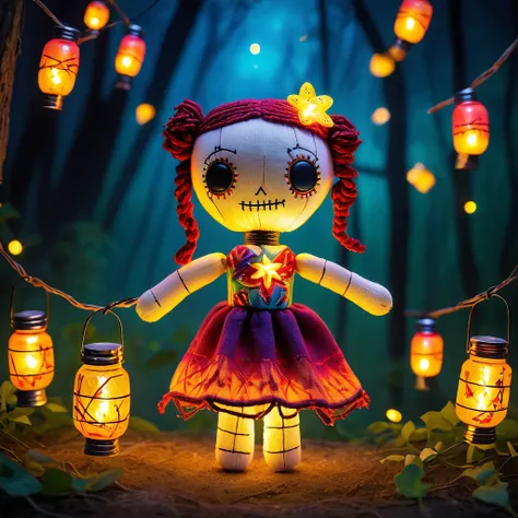 (knitted toy voodoo doll:1.5), (Voodoo Doll at a Firefly Festival:1.3), (Clothing: summer festival attire with glowing firefly patterns:1.0), (Accessories: enchanted lantern emitting gentle glow, floating fireflies:1.1), (background: enchanting festival ni...