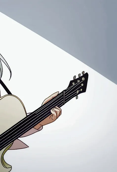 Woman and husband holding guitar in minimalist white room ( anime, 8K, High quality)
