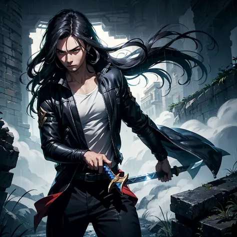  League of Legends Yasso characters, Handsome and delicate face, Armed with a sword, Yasuo uses his sword to blow the wind, Scene in rainy sky, Gray, Ultra-high resolution, 8k. Long flowing black hair, Handsome and stylish, Only a sharp sword