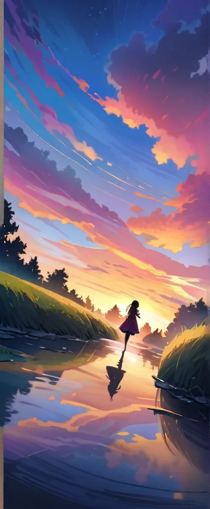 official art, unified 8k wallpaper, super detailed,  masterpiece, Best image quality，super wide angle，evening，a woman，Standing in the pond，water is like a mirror，reflecting the sky。look up to the sky，Colorful sunset，Dynamic angle, grace, bright colors,