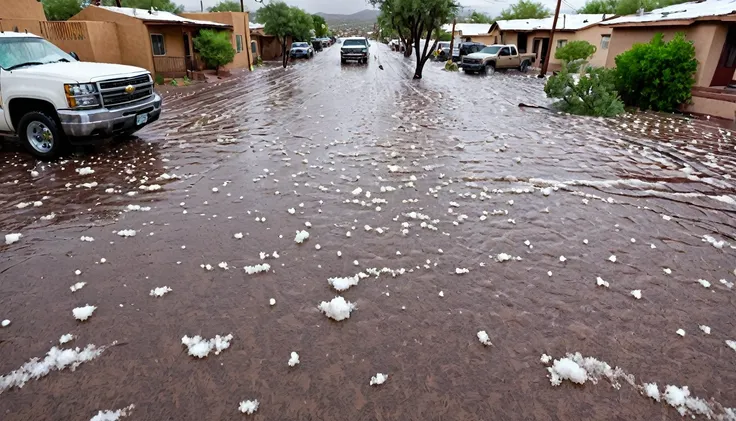 A dramatic close-up image shows a hail storm with extensive damage in the city of Nogales, in northern Sonora, dragging vehicles, flooding streets and destroyed houses.