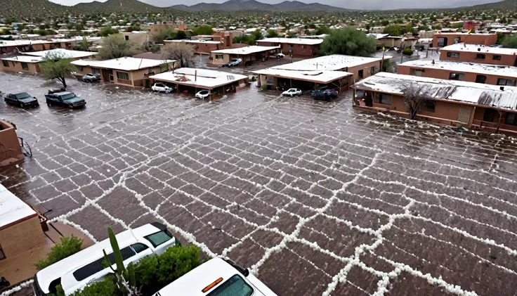 A dramatic close-up image shows a hail storm with extensive damage in the city of Nogales, in northern Sonora, dragging vehicles, flooding streets and destroyed houses.