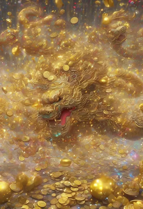 New Year has arrived，Baby Oriental Dragon，spit out lots of gold coins，Big hairy head，Show your hand，It is very nice。Gold coins and golden confetti rain，Red confetti，Strong atmosphere，Stupid cute，Hairy little legs。oh...There are a lot of gold coins in the a...