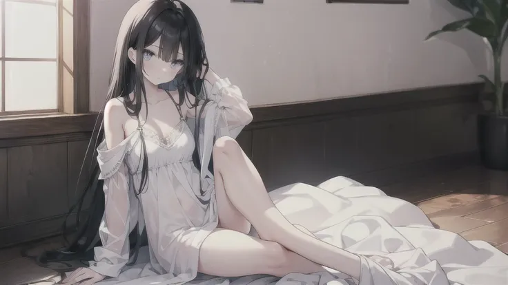 a female, big sad eyes, pale skin, wearing a white nightgown, very skinny, long black hair, sitting on the ground, detailed eyes, prominent collarbones