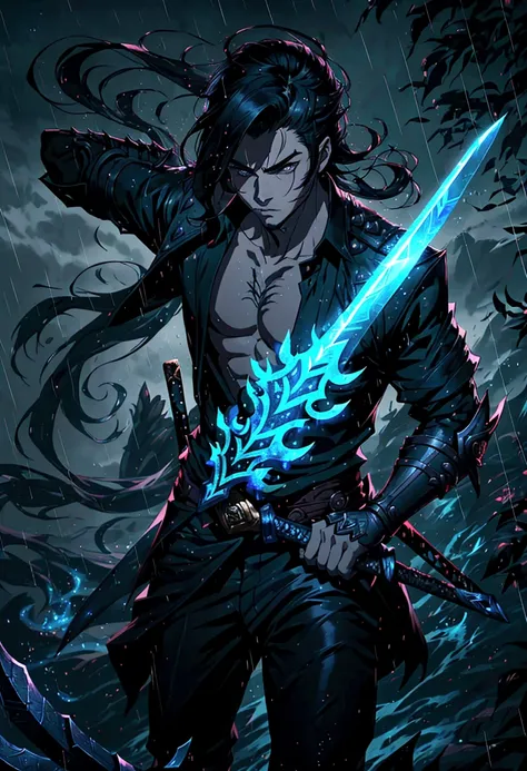 League of Legends Yasso characters, Handsome and delicate face, Armed with a sword, Yasuo uses his sword to blow the wind, Scene in rainy sky, Gray, Ultra-high resolution, 8k. Long flowing black hair, Handsome and stylish, Only a sharp sword