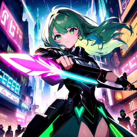 An anime girl with flowing emerald green hair，She&#39;s dressed in sleek black mech gear，In the background of the futuristic cyberpunk city。She was armed with a bow and arrow，A determined expression，Surrounded by neon lights、Cityscape with vivid colors and...