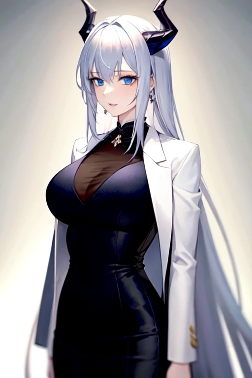 1 adult woman with pale hair,blue eyes, Long white hair, dragon horns, furry dragon tail, with white formal suit