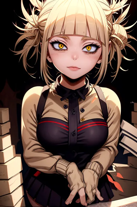 Himiko toga ,(my hero academia),my hero academia,picture perfect,eyes perfect ophimiko toga(my hero academia),my hero academia,perfect picture,perfect eyes,Short blond hair with two messy pulps in the hair and yellow eyes with cat pupils,  wearing straples...