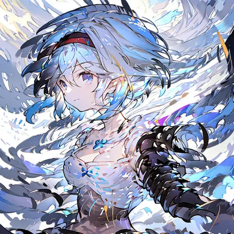 djeeta 　pure white background　blue hair　black headband　facing forward　looks strong　black armor　cleavage is coming out　i have a p...