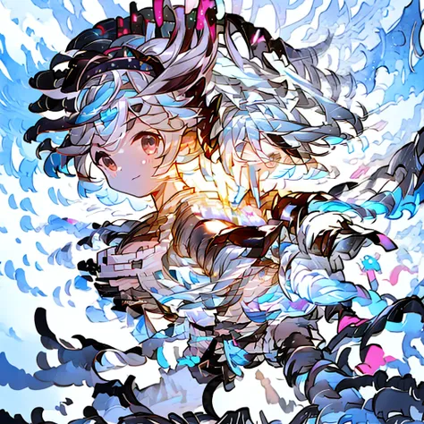 djeeta 　pure white background　blue hair　black headband　facing forward　looks strong　black armor　cleavage is coming out　i have a p...