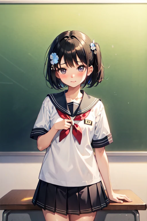 Highest quality、front、Black Hair、Iris、short hair、girl、cute、16 years old、、Small hair ornament、Sailor suit、Sailor suitのリボンは赤色、A slightly embarrassed look、The background is the classroom、Give a love letter，blush 