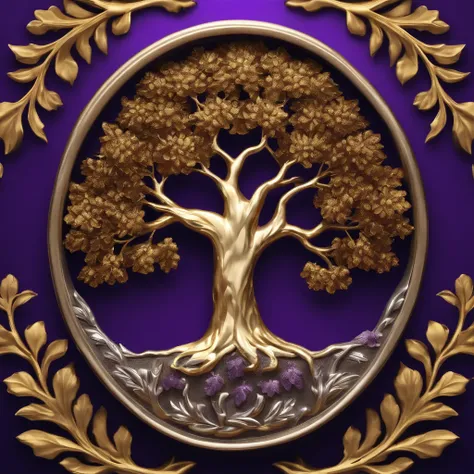 Create a logo showing a tall oak tree made out of solid sterling silver trunk and gold leaves. Purple background