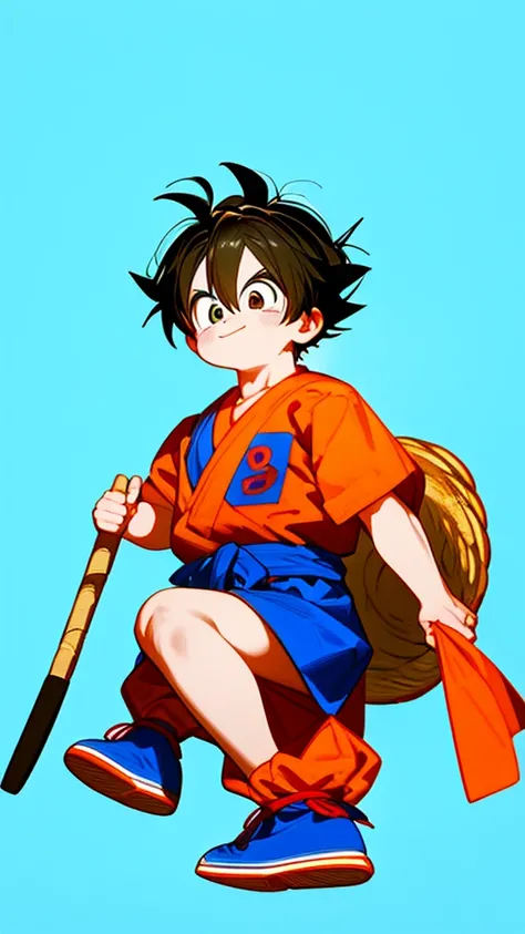 Goku from dragon ball z, holding a cane while eating bread, friendly face, blue colored room background, Red and green, detailed, No deformities, only one, improved perspectives, almost bright light