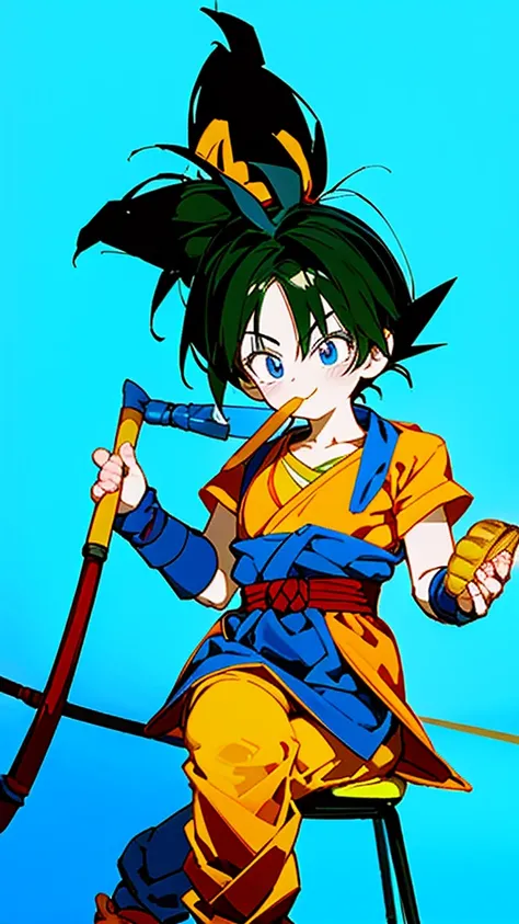 Goku from dragon ball z, holding a cane while eating bread, friendly face, blue colored room background, Red and green, detailed, No deformities, only one, improved perspectives, almost bright light