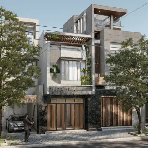 townhouse in city, (sharp focus) front view of townhouse in style of modern, vietnamese architecture, east asian architecture, t...