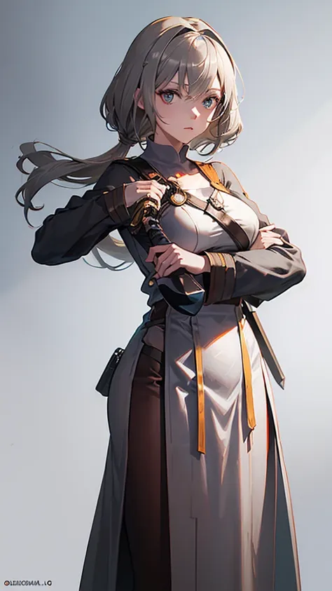 ((Pause)), (To the camera), Character Design, (Young people), ((Female Swordsman), White skin, (Medieval), brown, Gray Hair, whole body, Holding a sword, (Perfect quality), Pure white background