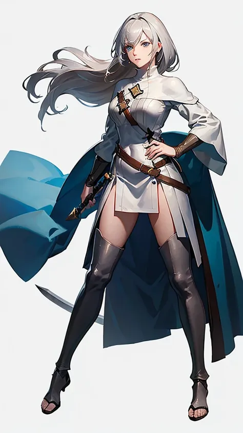 ((Pause)), (To the camera), Character Design, (Young people), ((Female Swordsman), White skin, (Medieval), brown, Gray Hair, Full body side view, Holding a sword, (Perfect quality), Pure white background