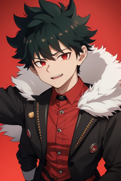 Izuku Midoriya from My Hero Academia, Vampire, incubus, red eyes and white hair, bat wings, black clothes, black steampunk pants, red shirt, black vest, pale skin. Looking straight at the viewer