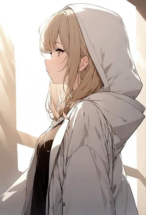 (masterpiece, 32k, 8k) a 17 year old girl, (looking at the sky with her hand stretched high), (profile angle), overcoat, hood over her head, light brown hair, light brown eyes, (face beautiful and heavenly), sunny sky, sunlight effect on the character