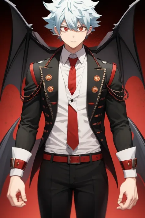 Izuku Midoriya from My Hero Academia, Vampire, incubus, red eyes and white hair, bat wings, black clothes, black steampunk pants, red shirt, black vest, pale skin. Looking straight at the viewer