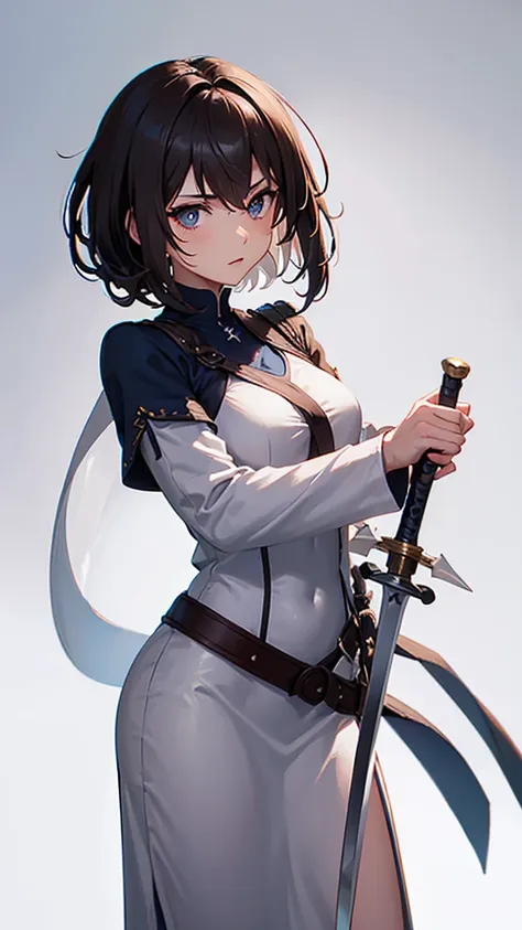 ((Pause)), (To the camera), Character Design, (Young people), ((Female Swordsman), (Medieval), whole body, Holding a sword, (Perfect quality), Pure white background