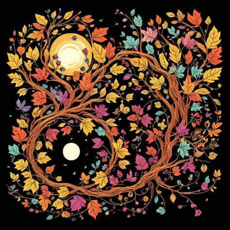 circular tree,four seasons,spring,summer,autumn,winter,leaves,roots,branches,trunk,ornate border,decorative,digital illustration...