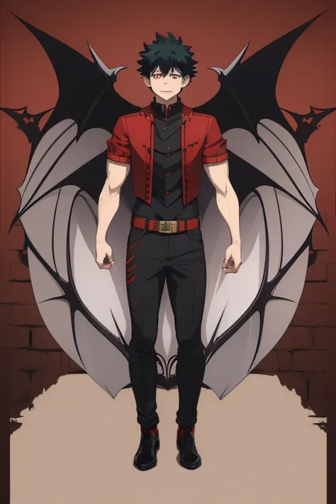 Izuku Midoriya character sheet from My Hero Academia, Vampire, incubus, red eyes and white hair, bat wings, black clothes, black steampunk pants, red shirt, black vest, pale skin. Looking directly at the viewer