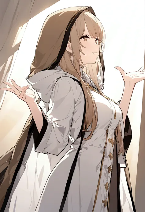 (masterpiece, 32k, 8k) a 17 year old girl, (looking at the sky with her hand stretched high), (profile angle), priestess overcoat, hood over her head, light brown hair, light brown eyes, (beautiful and heavenly face, cheerful smile 1.5), sunny sky, sunligh...