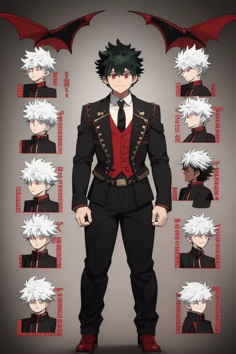 Izuku Midoriya character sheet from My Hero Academia, Vampire, incubus, red eyes and white hair, bat wings, black clothes, black steampunk pants, red shirt, black vest, pale skin. Looking directly at the viewer