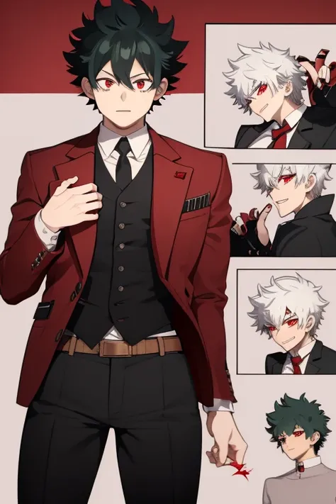 Izuku Midoriya character sheet from My Hero Academia, Vampire, incubus, red eyes and white hair, bat wings, black clothes, black steampunk pants, red shirt, black vest, pale skin. Looking directly at the viewer