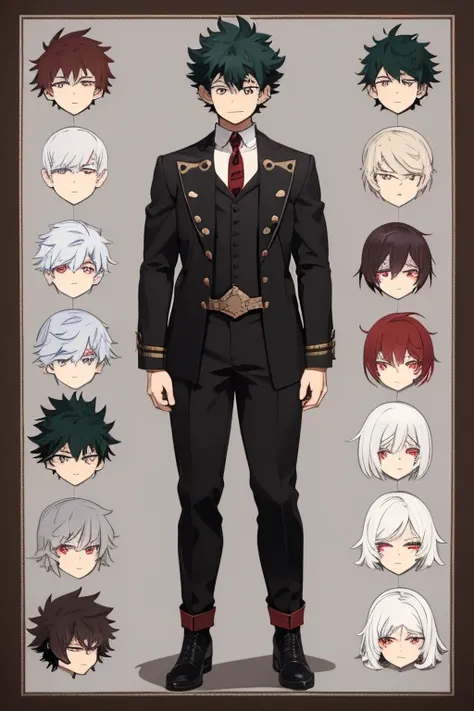 Izuku Midoriya character sheet from My Hero Academia, Vampire, incubus, red eyes and white hair, bat wings, black clothes, black steampunk pants, red shirt, black vest, pale skin. Looking directly at the viewer