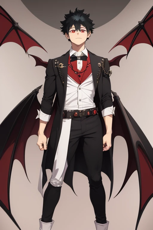 Izuku Midoriya character sheet from My Hero Academia, Vampire, incubus, red eyes and white hair, bat wings, black clothes, black steampunk pants, red shirt, black vest, pale skin. Looking directly at the viewer