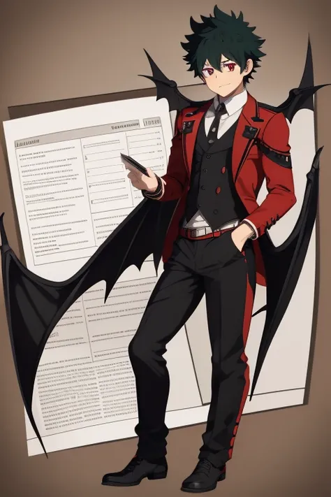 Izuku Midoriya character sheet from My Hero Academia, Vampire, incubus, red eyes and white hair, bat wings, black clothes, black steampunk pants, red shirt, black vest, pale skin. Looking directly at the viewer