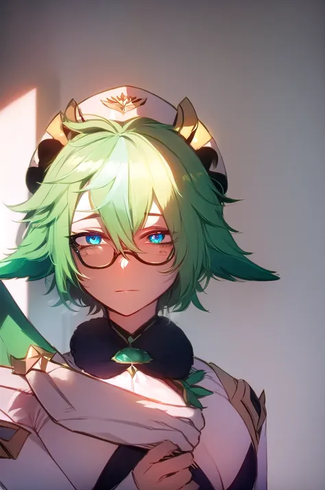 sucrosedef, sucrose \(genshin impact\), semi-rimless eyewear, hat, 1girl,solo, short hair,, green hair
break  (maid:1.2)
break l...