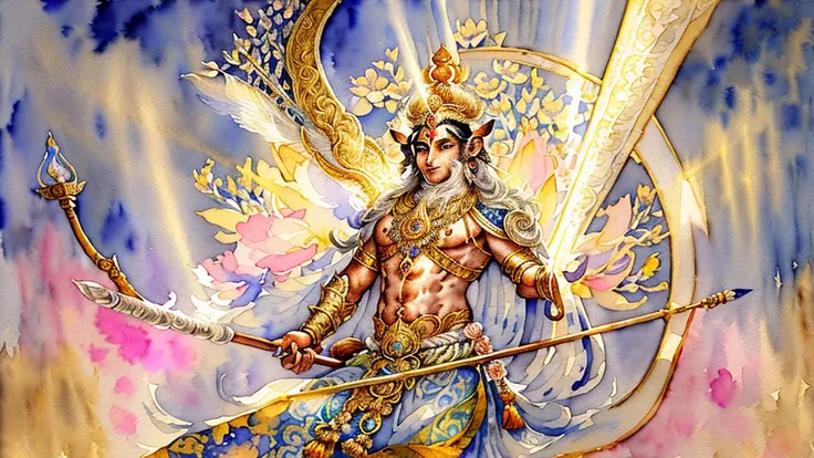 Symbolic collage, mystical composition, (Ramayana elements:1.2) Sacred artifacts and characters (golden bow and arrow of Rama:1.2), (enchanted golden deer:1.1), (flying Hanuman:1.2), (Lanka fortress silhouette:1.1), (divine light rays:1.3), (watercolor eff...