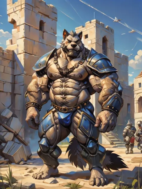 burly virile hairy man, with two wolf ears and a bushy tail, in a suit of armor, middle-aged, hirsute, overmuscular and musclebound, bulging veiny muscles, a warriors build, a bodybuilders physique, long bushy and a thick mustache, a square jaw, handsome a...