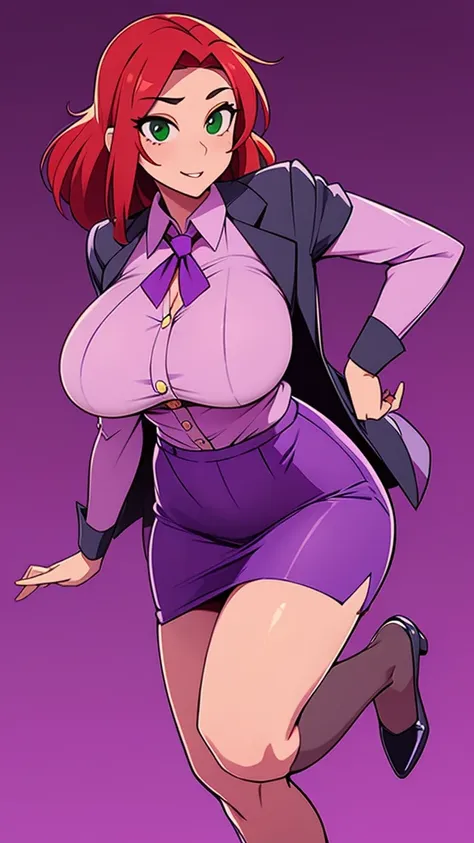 an attractive sexy hex girl with a big breast wears red hair, a tousled cut, her green eye, wears a purple button-down office co...