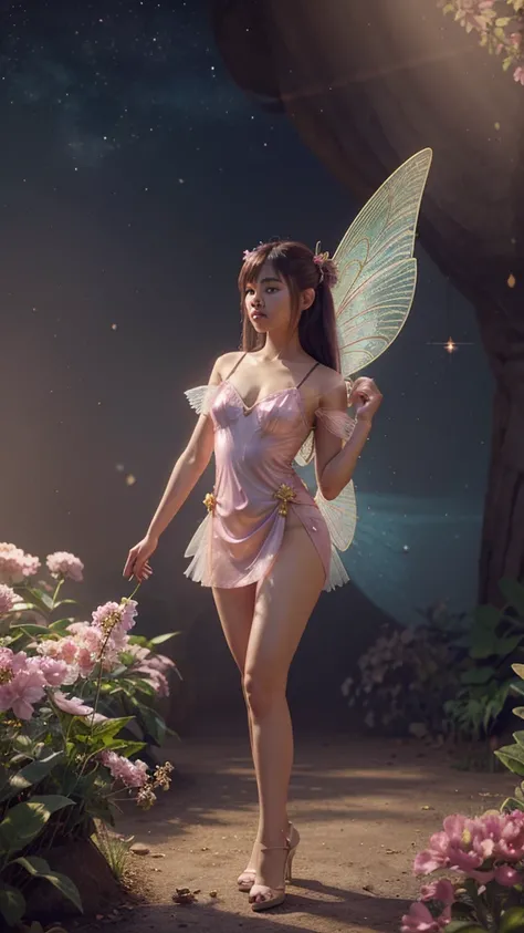 a young asian girl, wearing pink golden transparent dress, full body, ribbon on hair, stunning 3d render of a fairy, pixie character, portrait of a fairy, beautiful fairy, portrait of fairy, magical fairy background, beeple and jeremiah ketner, space flowe...