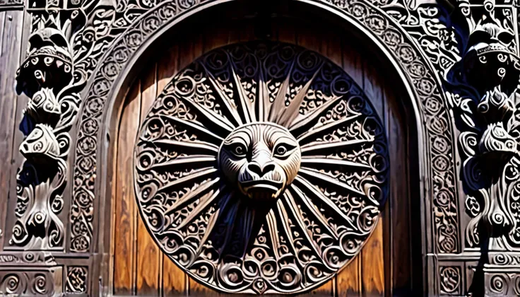 The door is made of wood and has strange carvings on its surface