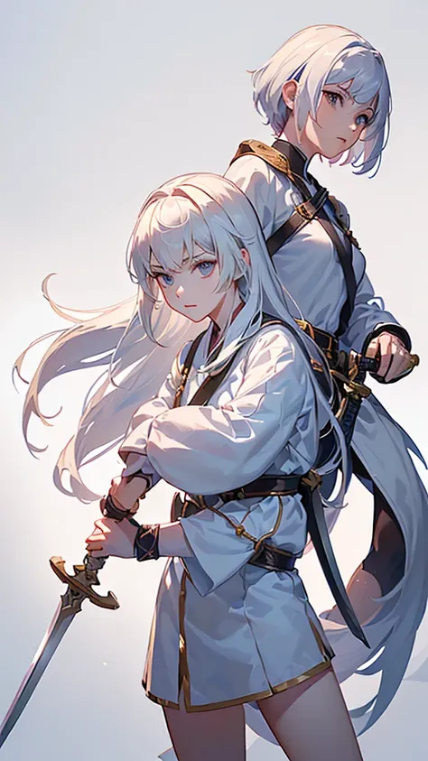 ((Pause)), (To the camera), Character Design, (Young people), ((Female Swordsman), (middle((Pause)), (To the camera), Character Design, (Young people), ((Female Swordsman), (middle世の), whole body, Holding a sword, (Perfect quality), Pure white background
世...