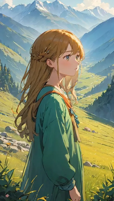 highest quality, absurd, very detailed, in the mountains_this, 1 girl, alone_concentrate,  let your hair down