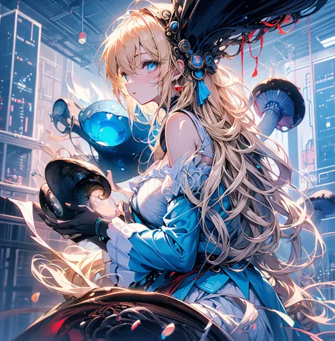 a beautiful 20 year old blonde woman with big messy hair in a blue dress, white stockings, black headband, cleavage, holding a glowing mushroom, fantasy art style, rossdraws cartoon vibrant, alice x. zhang, alice in wonderland cyberpunk, cute detailed digi...